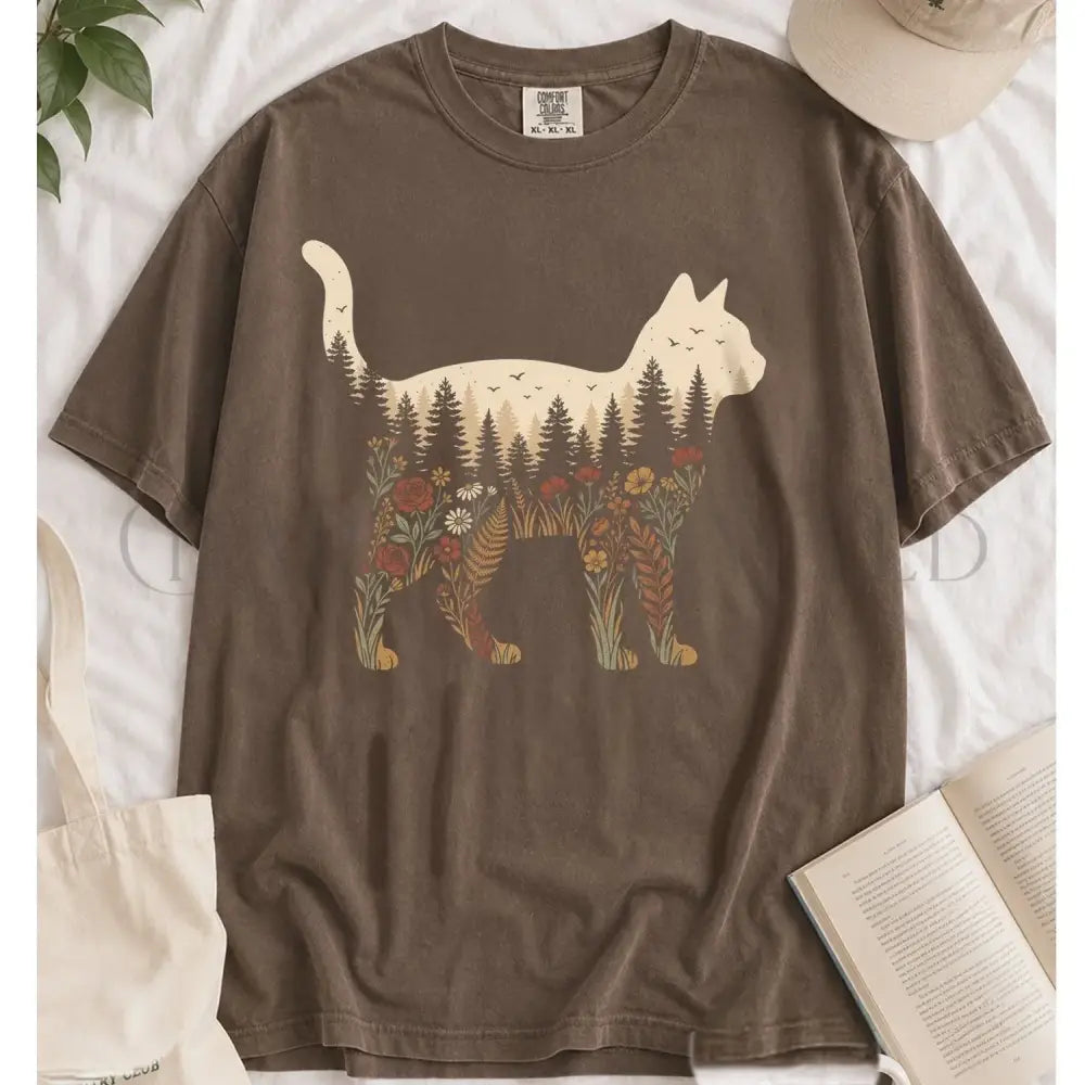 Cat Wildflower Graphic T-Shirt - Espresso / S - T-Shirt