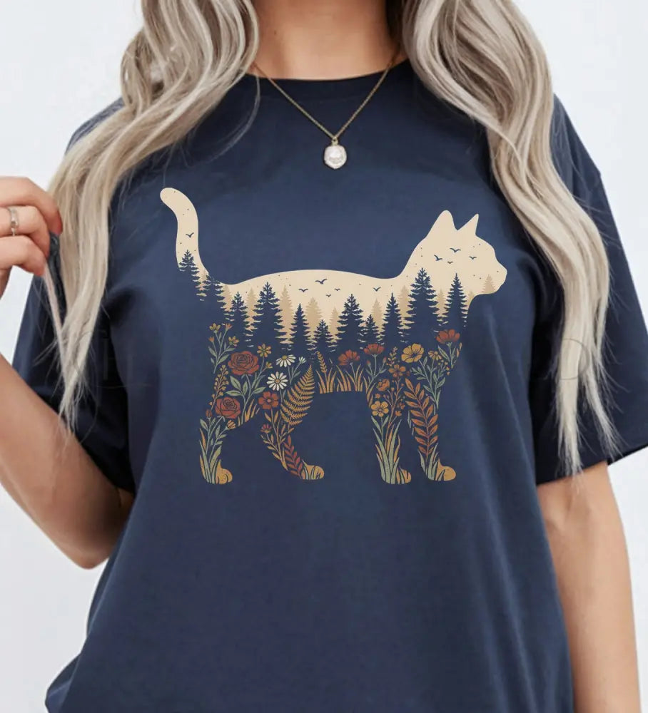 Cat Wildflower Graphic T-Shirt - Navy / S - T-Shirt
