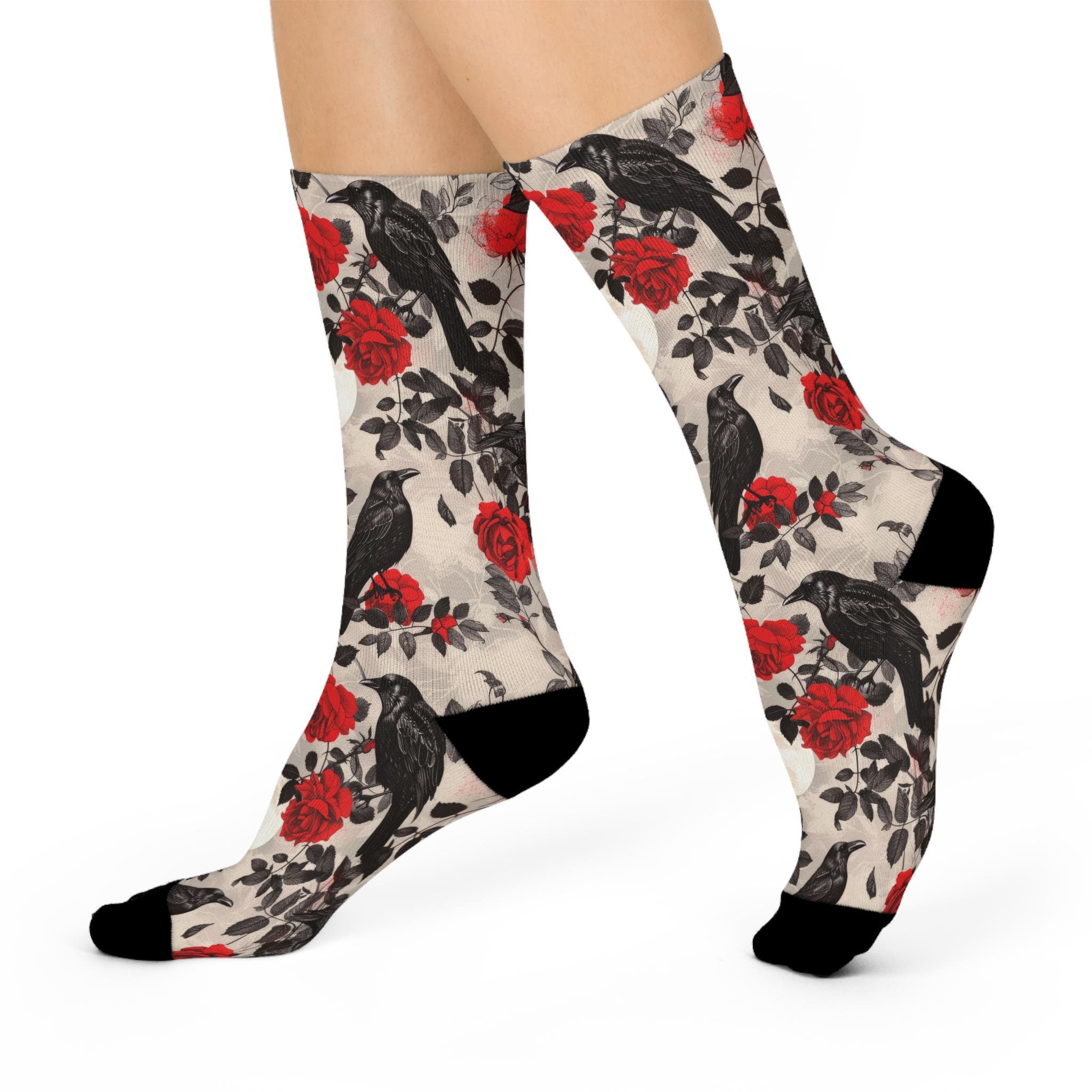 Black Crow Rose Socks, Moon Wildflower Cottagecore Witchy Socks, Gothic Fashion, Fantasy Hippie Womens Adults Unisex Socks
