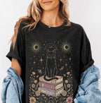 Celestial Cat on Books T-Shirt - Black / S - T-Shirt