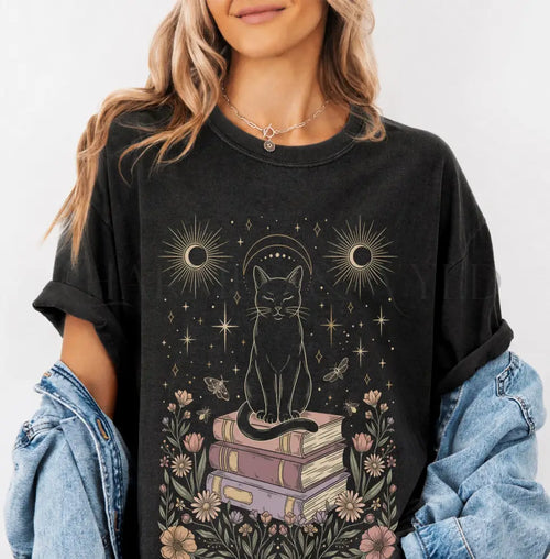 Celestial Cat on Books T-Shirt - Black / S - T-Shirt