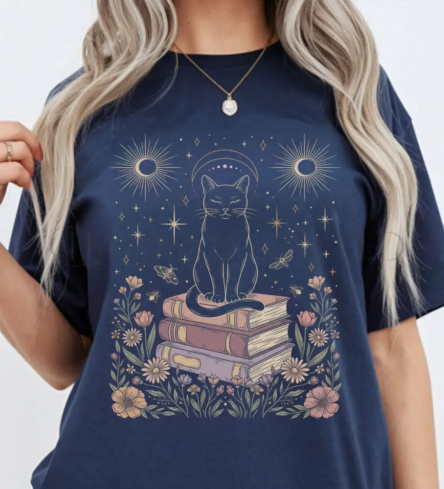 Celestial Cat on Books T-Shirt - Navy / S - T-Shirt