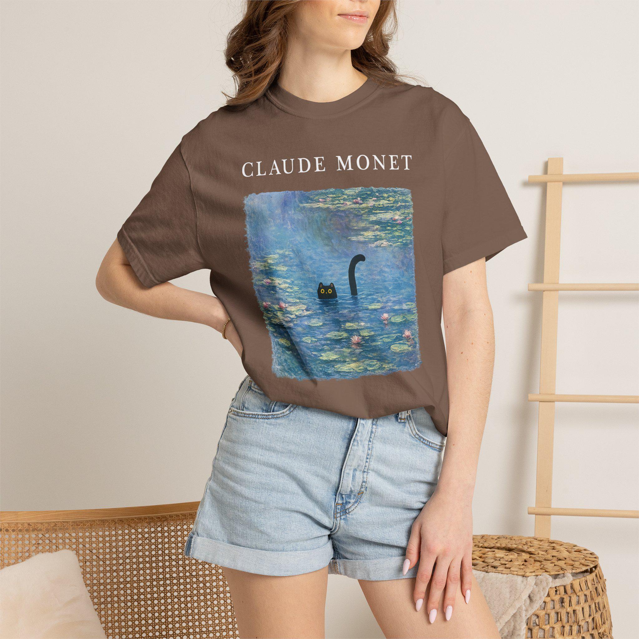 Claude Monet Inspired Black Cat T-shirt, Comfort Colors Bohemian Vintage Art Graphic Tee, Botanical Waterlily Animal Womens Top
