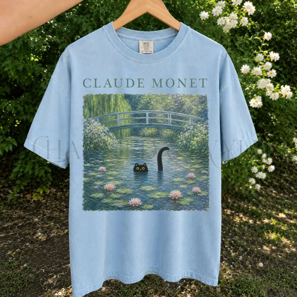 Claude Monet Inspired Black Cat T-Shirt - Chambray / S - T-Shirt