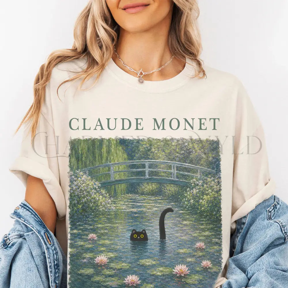 Claude Monet Inspired Black Cat T-Shirt - Ivory / S - T-Shirt