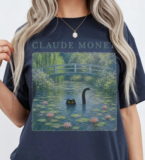 Claude Monet Inspired Black Cat T-Shirt - Navy / S - T-Shirt