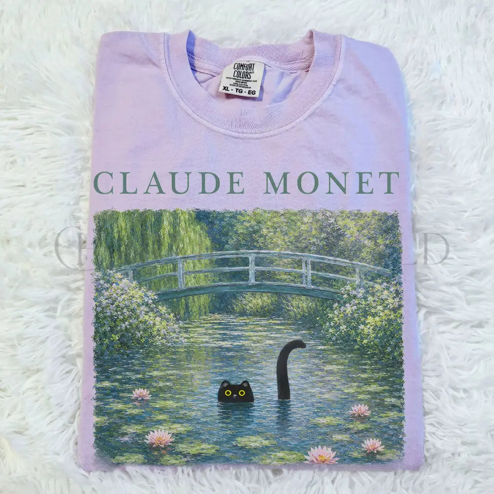 Claude Monet Inspired Black Cat T-Shirt - Orchid / S - T-Shirt