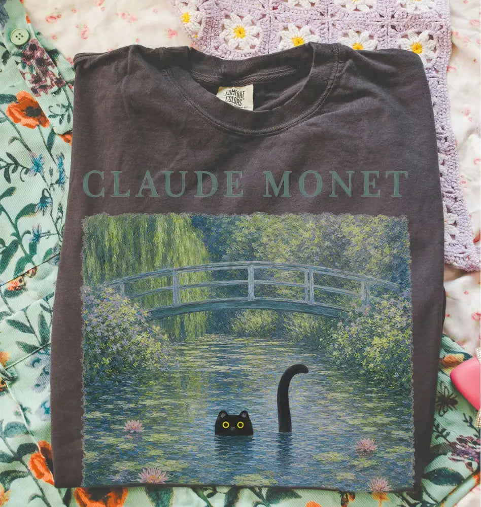 Claude Monet Inspired Black Cat T-Shirt - Pepper / S - T-Shirt