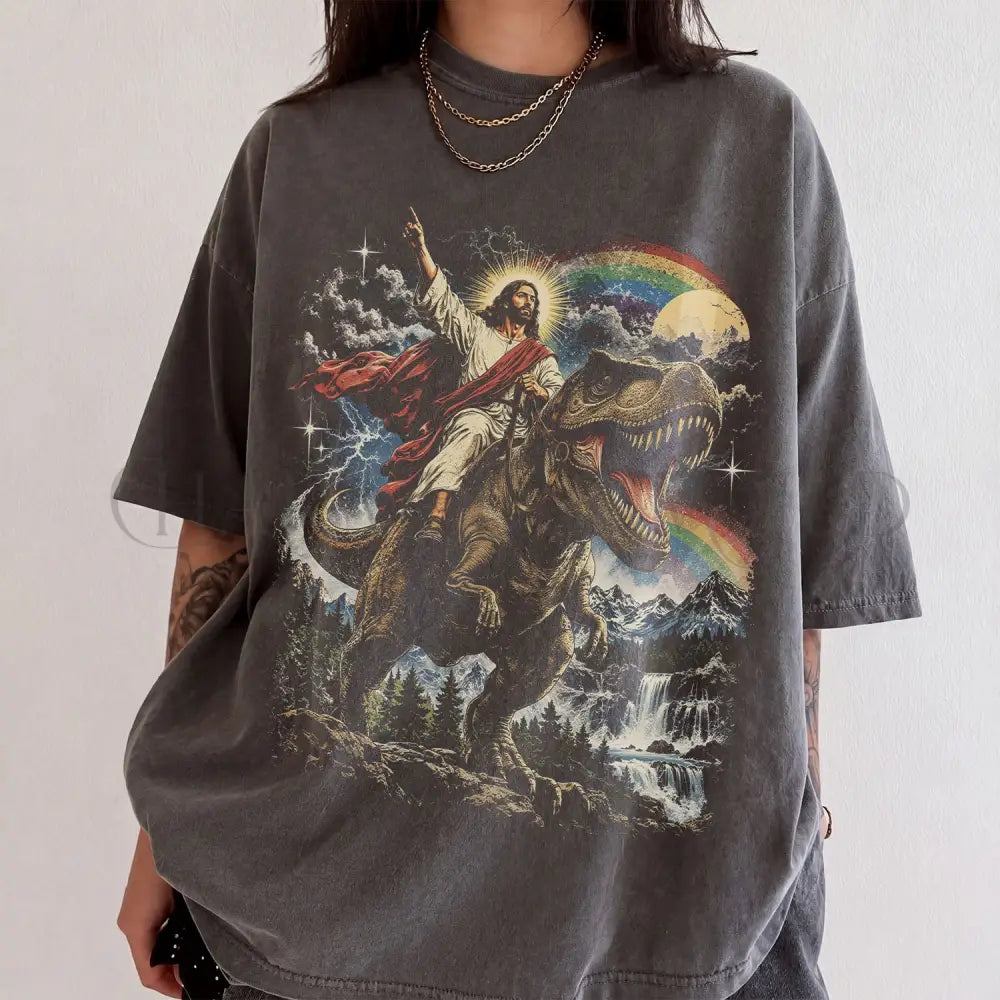 Comfort Colors Jesus Dinosaur Shirt Jesus Riding T Rex Tee Funny Christian Shirt Retro Religious Graphic Tee Dinosaur