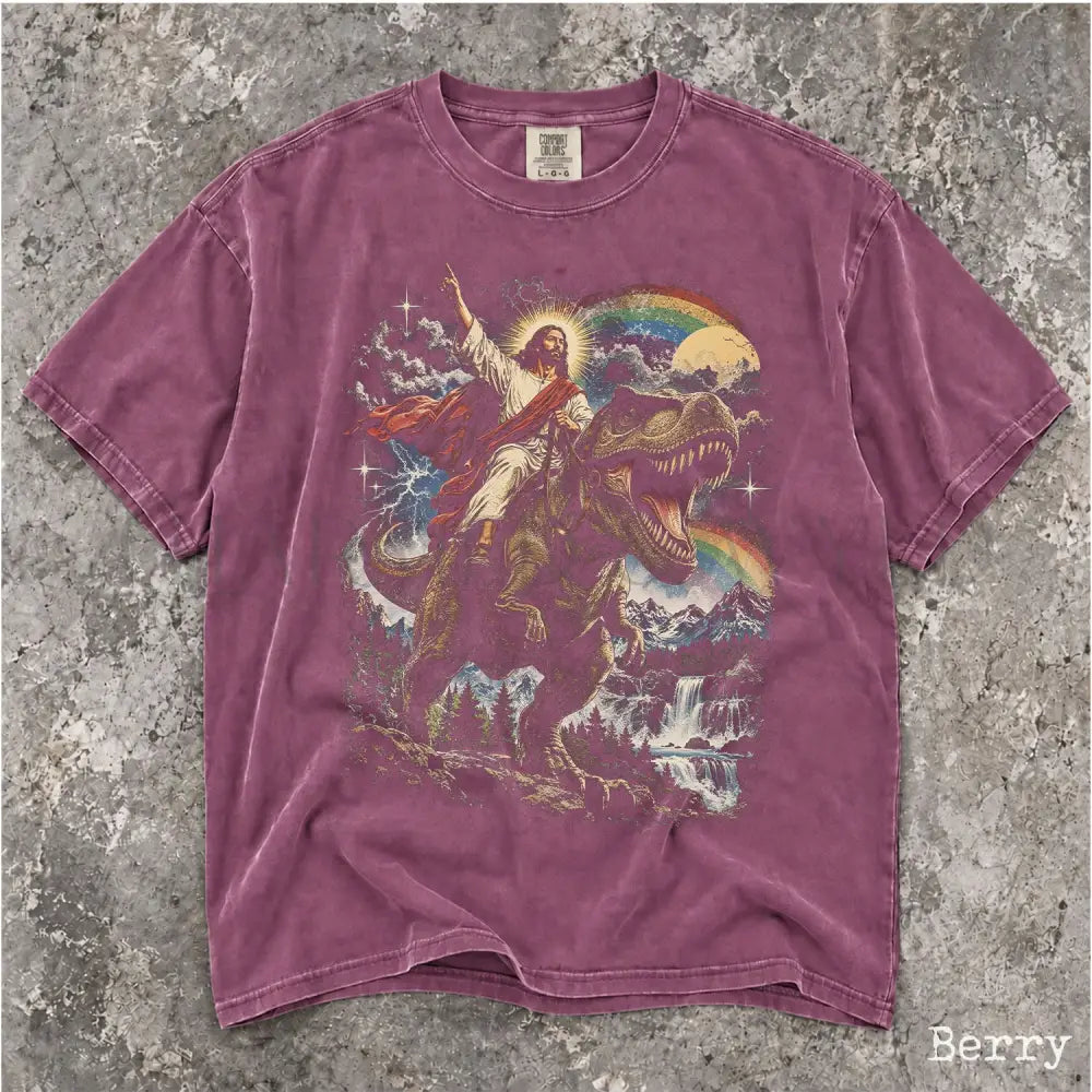 Comfort Colors Jesus Dinosaur Shirt Jesus Riding T Rex Tee Funny Christian Shirt Retro Religious Graphic Tee Dinosaur