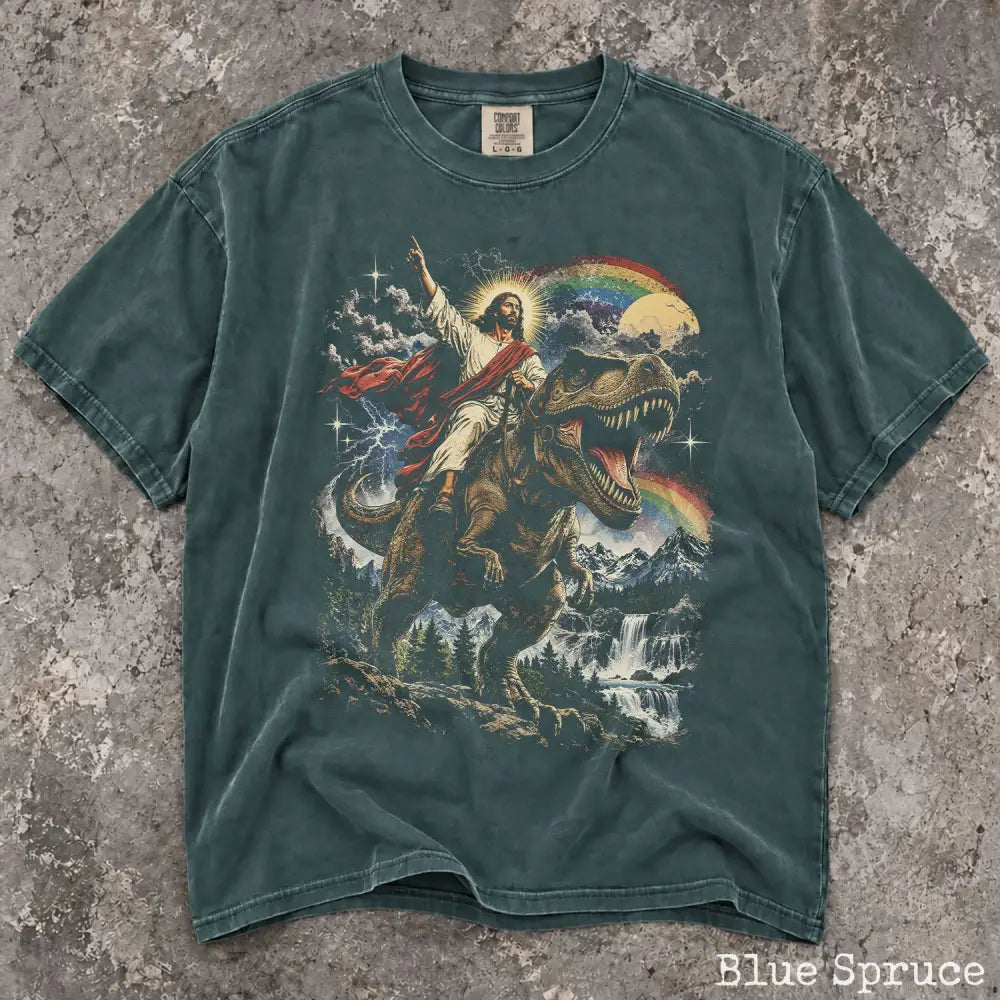 Comfort Colors Jesus Dinosaur Shirt Jesus Riding T Rex Tee Funny Christian Shirt Retro Religious Graphic Tee Dinosaur