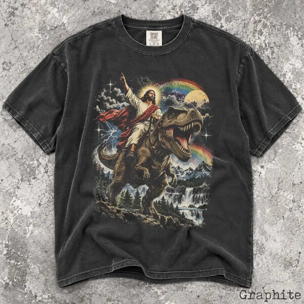 Comfort Colors Jesus Dinosaur Shirt Jesus Riding T Rex Tee Funny Christian Shirt Retro Religious Graphic Tee Dinosaur