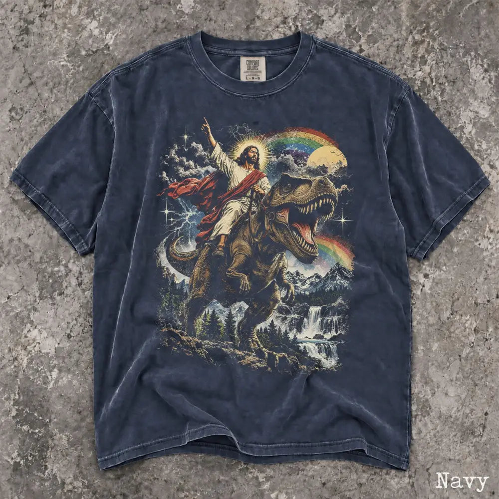 Comfort Colors Jesus Dinosaur Shirt Jesus Riding T Rex Tee Funny Christian Shirt Retro Religious Graphic Tee Dinosaur