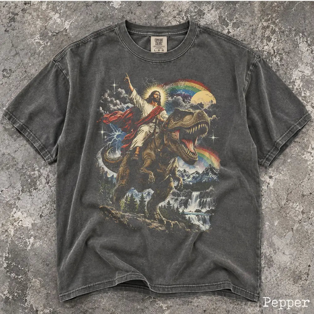 Comfort Colors Jesus Dinosaur Shirt Jesus Riding T Rex Tee Funny Christian Shirt Retro Religious Graphic Tee Dinosaur