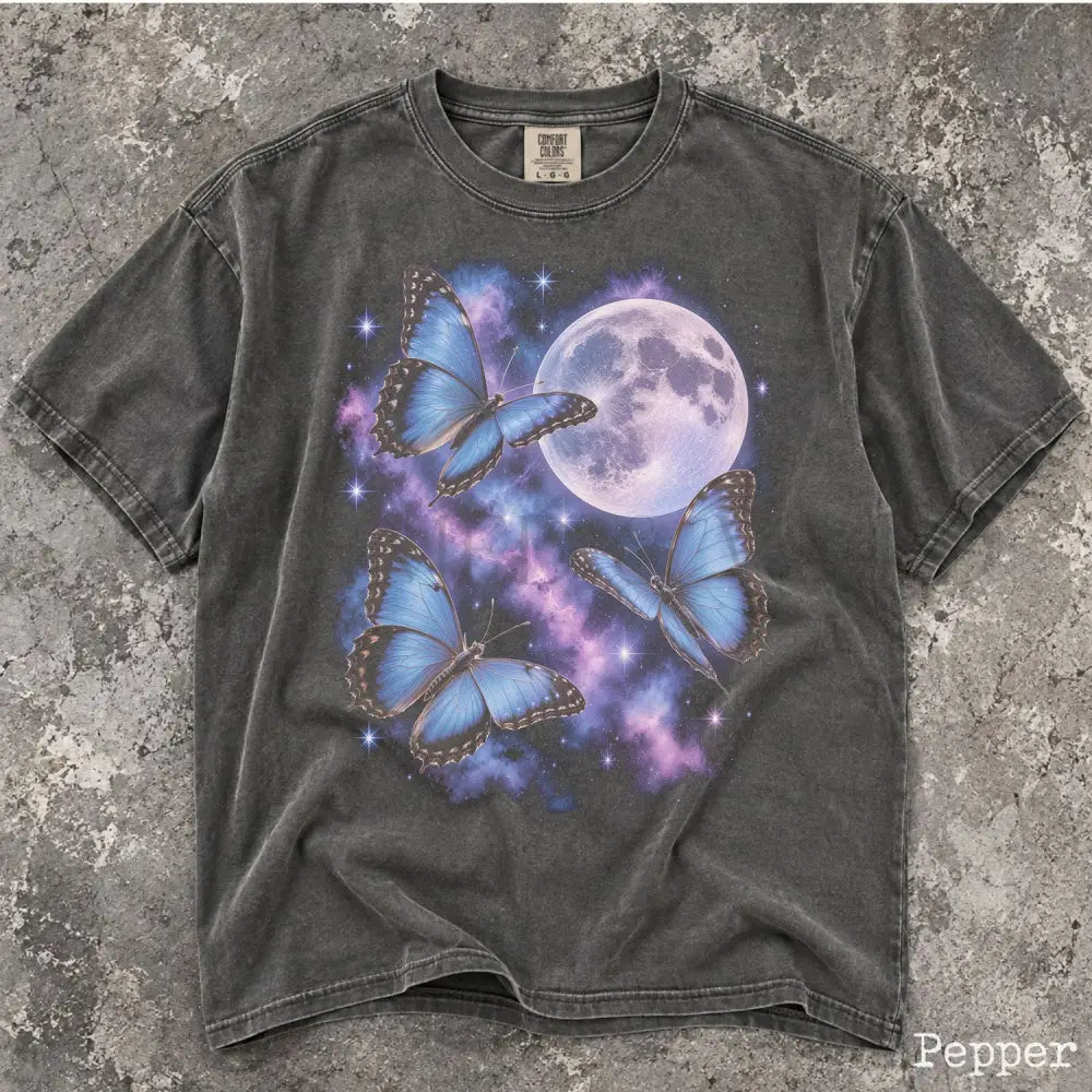 Cosmic Butterfly Moon Comfort Colors Shirt - Pepper / S - T-Shirt