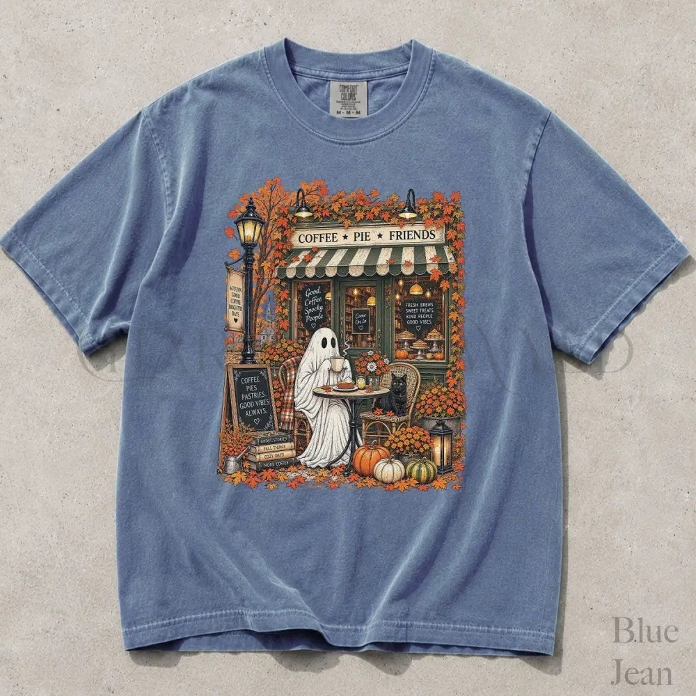 Cozy Coffee Shop Ghost Comfort Colors T-Shirt - Blue Jean / S - T-Shirt