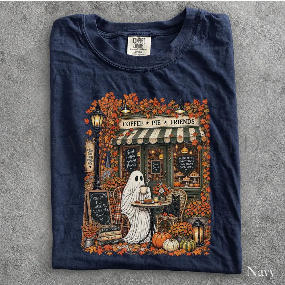 Cozy Coffee Shop Ghost Comfort Colors T-Shirt - Navy / S - T-Shirt