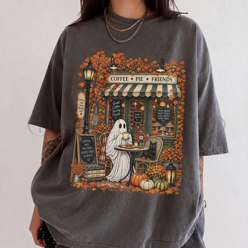 Cozy Coffee Shop Ghost Comfort Colors T-Shirt - Pepper / S - T-Shirt