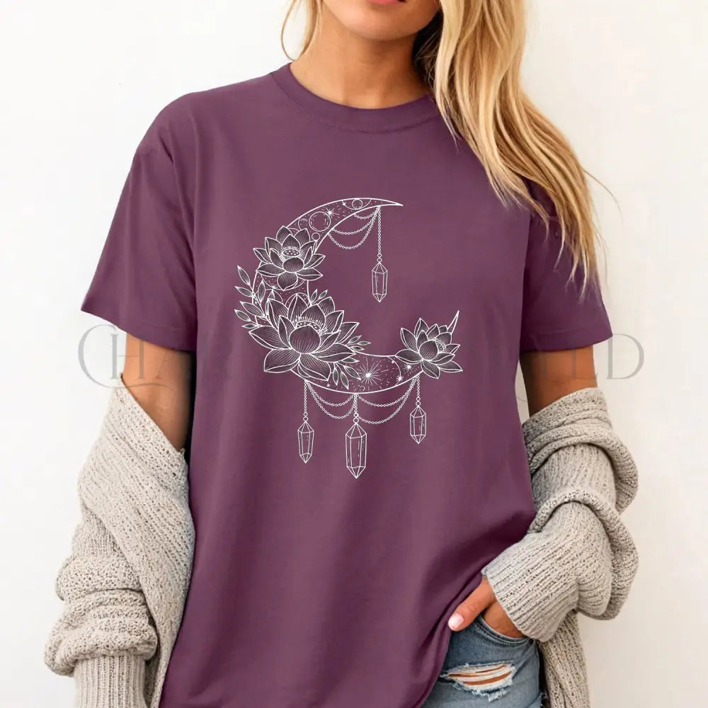 Crescent Moon Crystal Lotus T-Shirt - T-Shirt