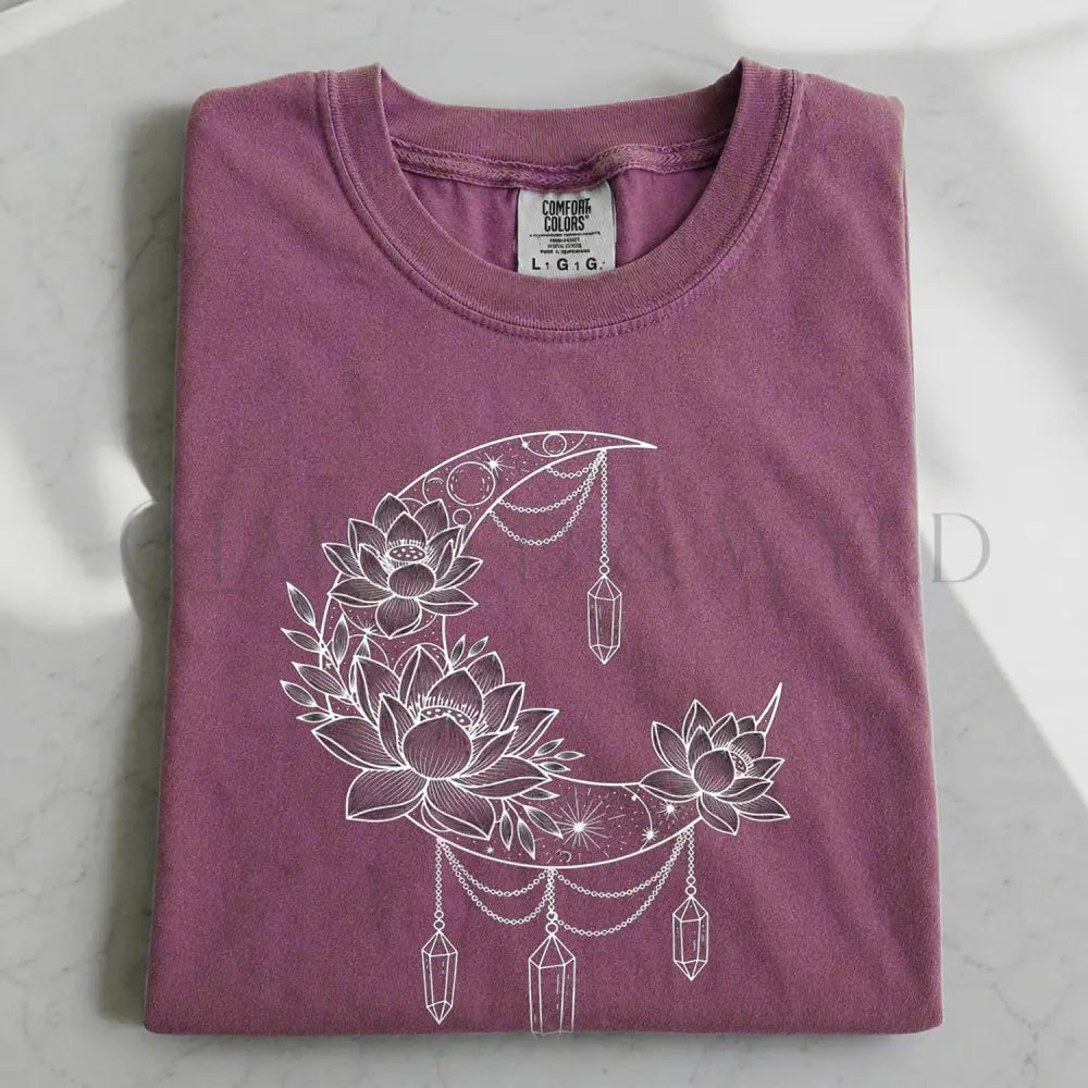 Crescent Moon Crystal Lotus T-Shirt - Berry / S - T-Shirt