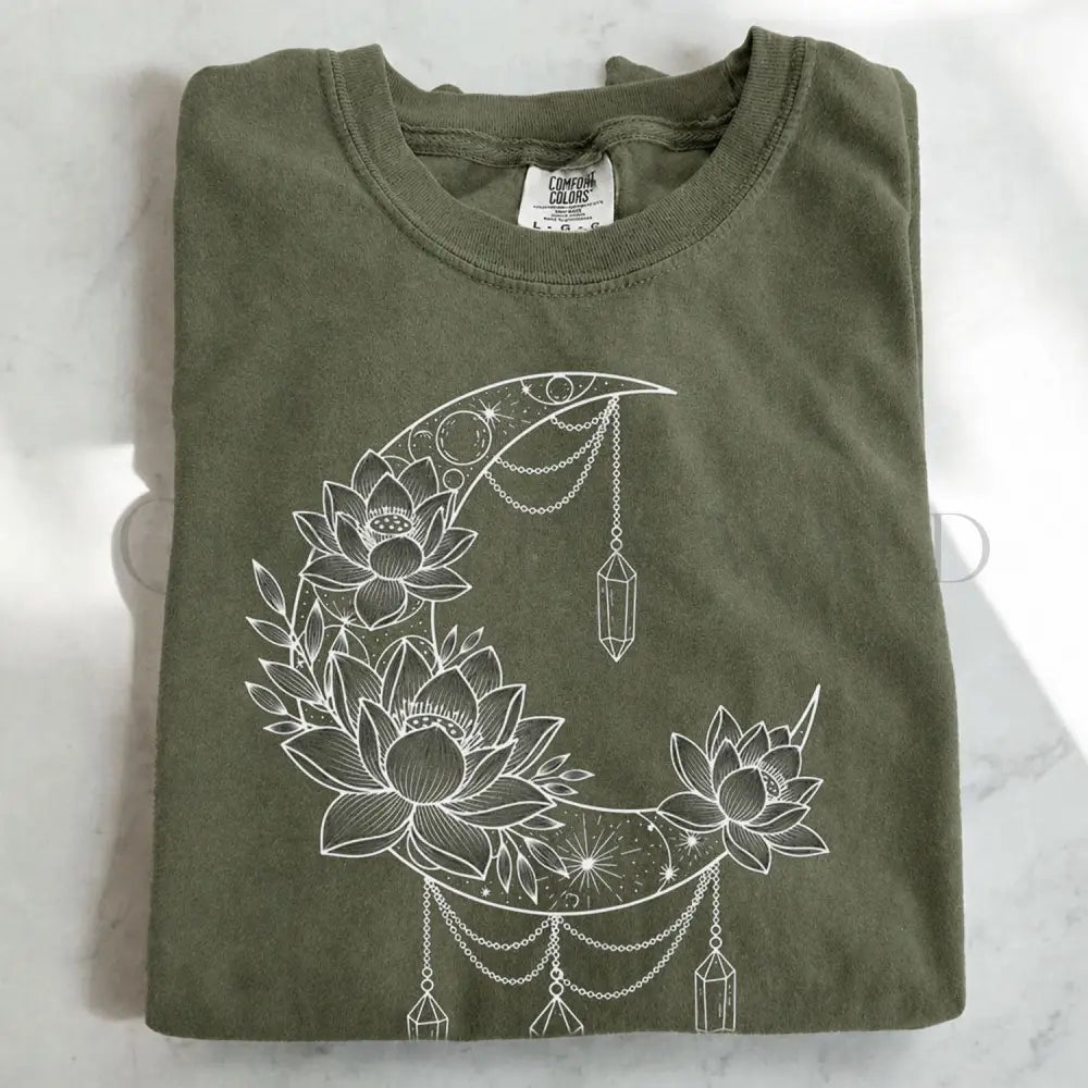 Crescent Moon Crystal Lotus T-Shirt - Moss / S - T-Shirt