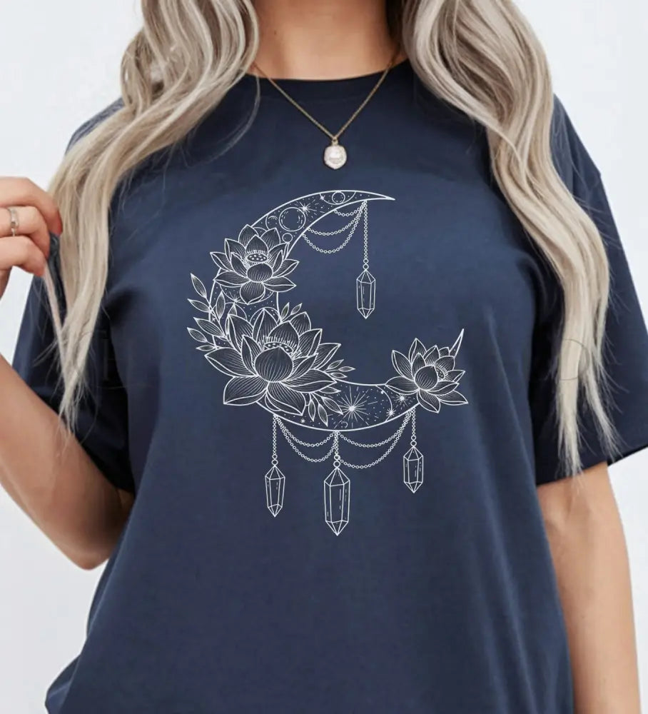 Crescent Moon Crystal Lotus T-Shirt - Navy / S - T-Shirt