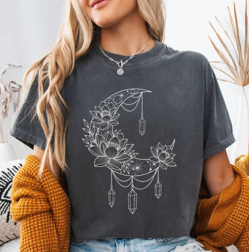 Crescent Moon Crystal Lotus T-Shirt - Pepper / S - T-Shirt
