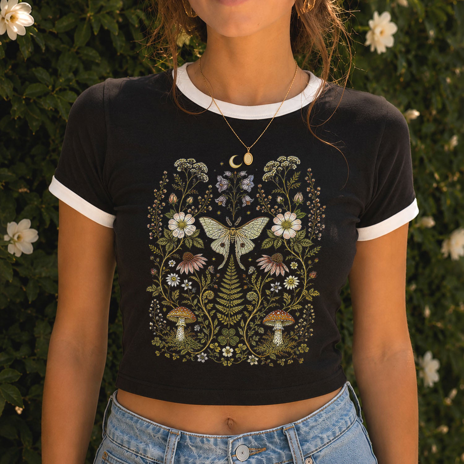Whimsical Moth Wildflower Ringer Crop T-Shirt