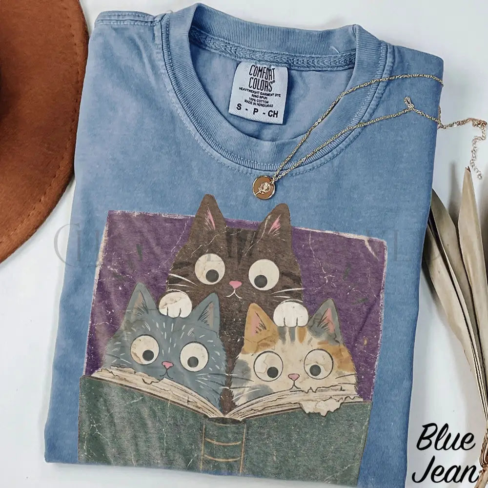 Curious Reading Cats Comfort Colors T-Shirt - Blue Jean / S - T-Shirt