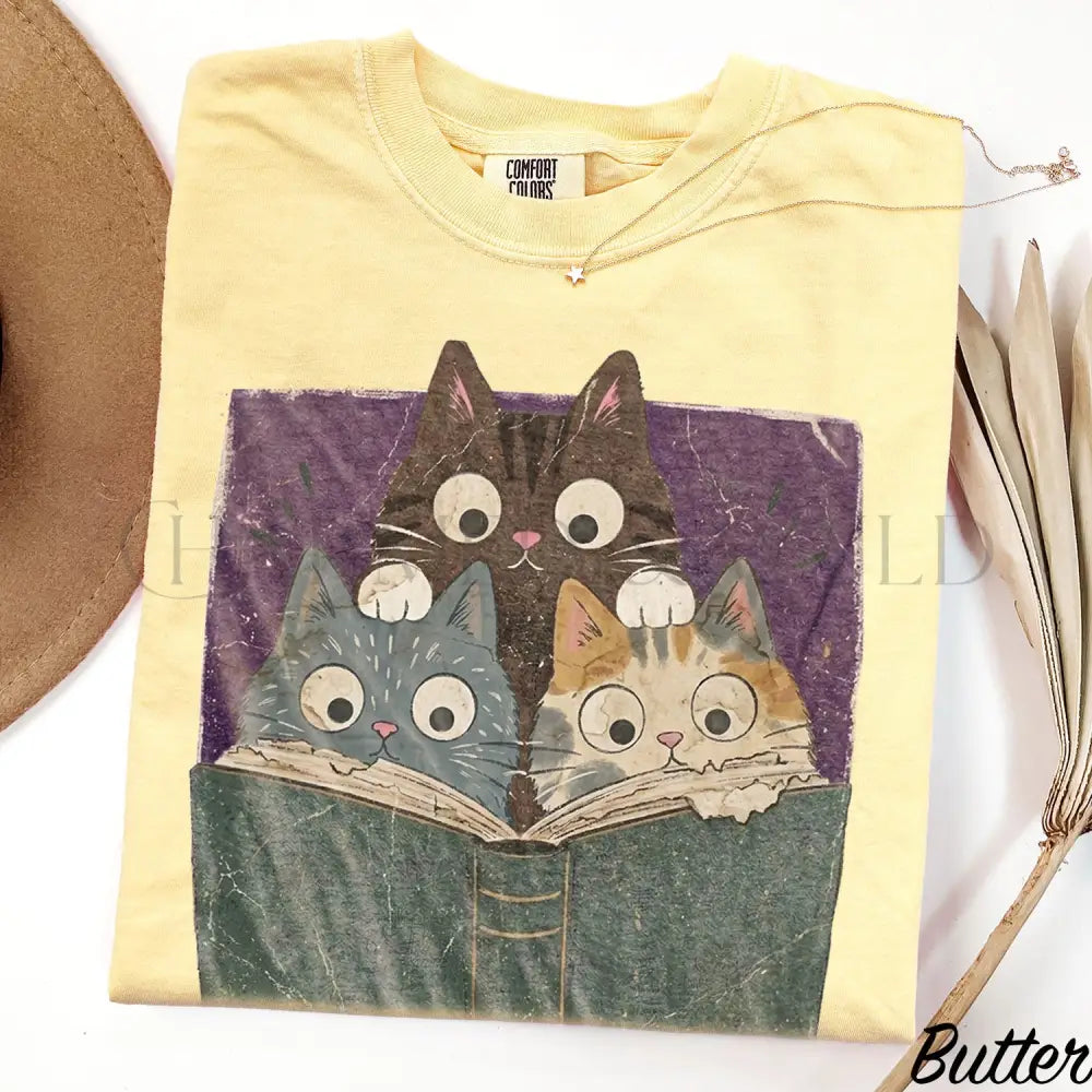 Curious Reading Cats Comfort Colors T-Shirt - Butter / S - T-Shirt