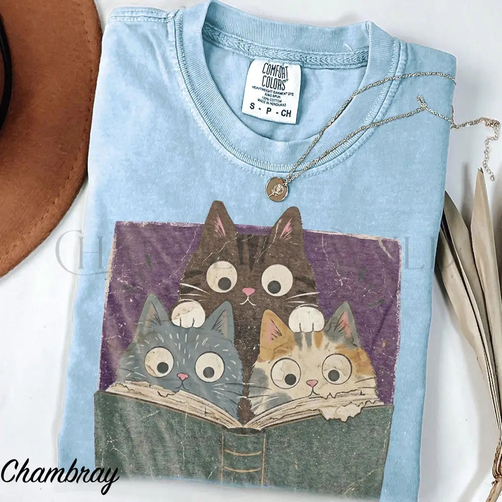Curious Reading Cats Comfort Colors T-Shirt - Chambray / S - T-Shirt