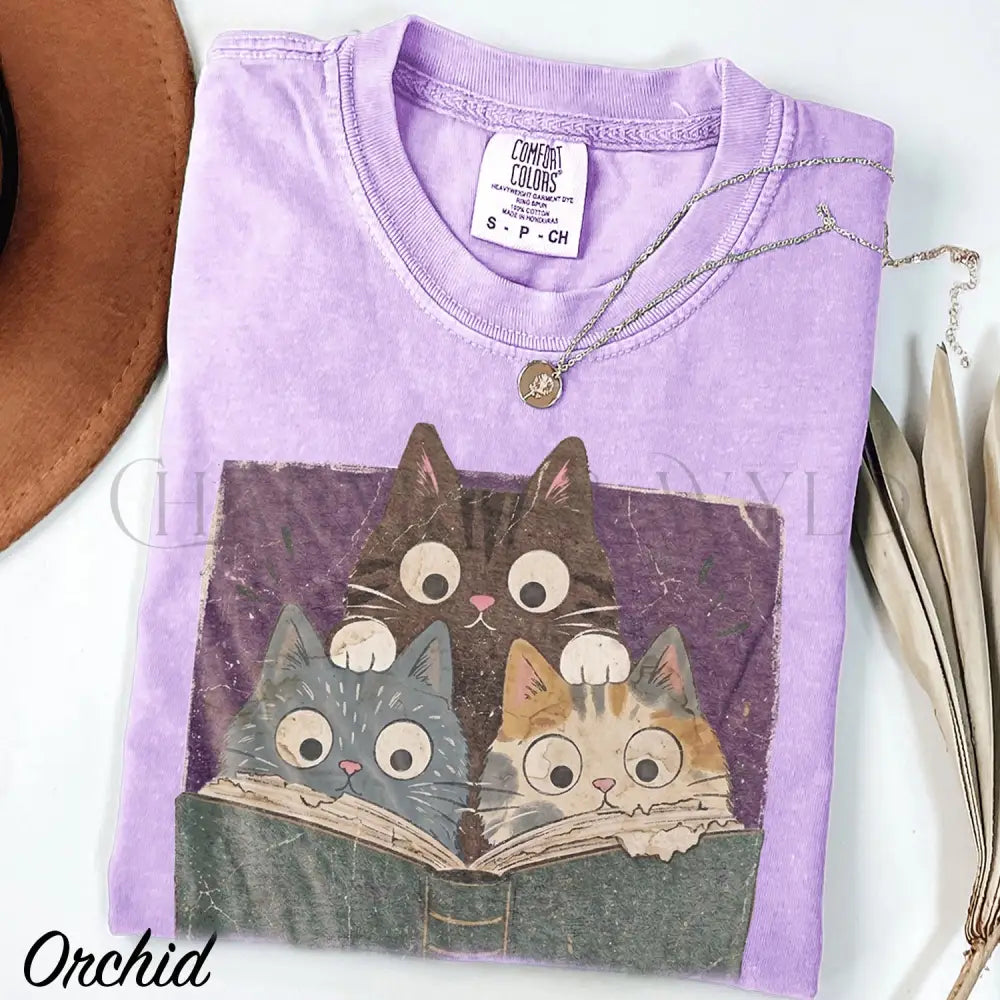 Curious Reading Cats Comfort Colors T-Shirt - Orchid / S - T-Shirt