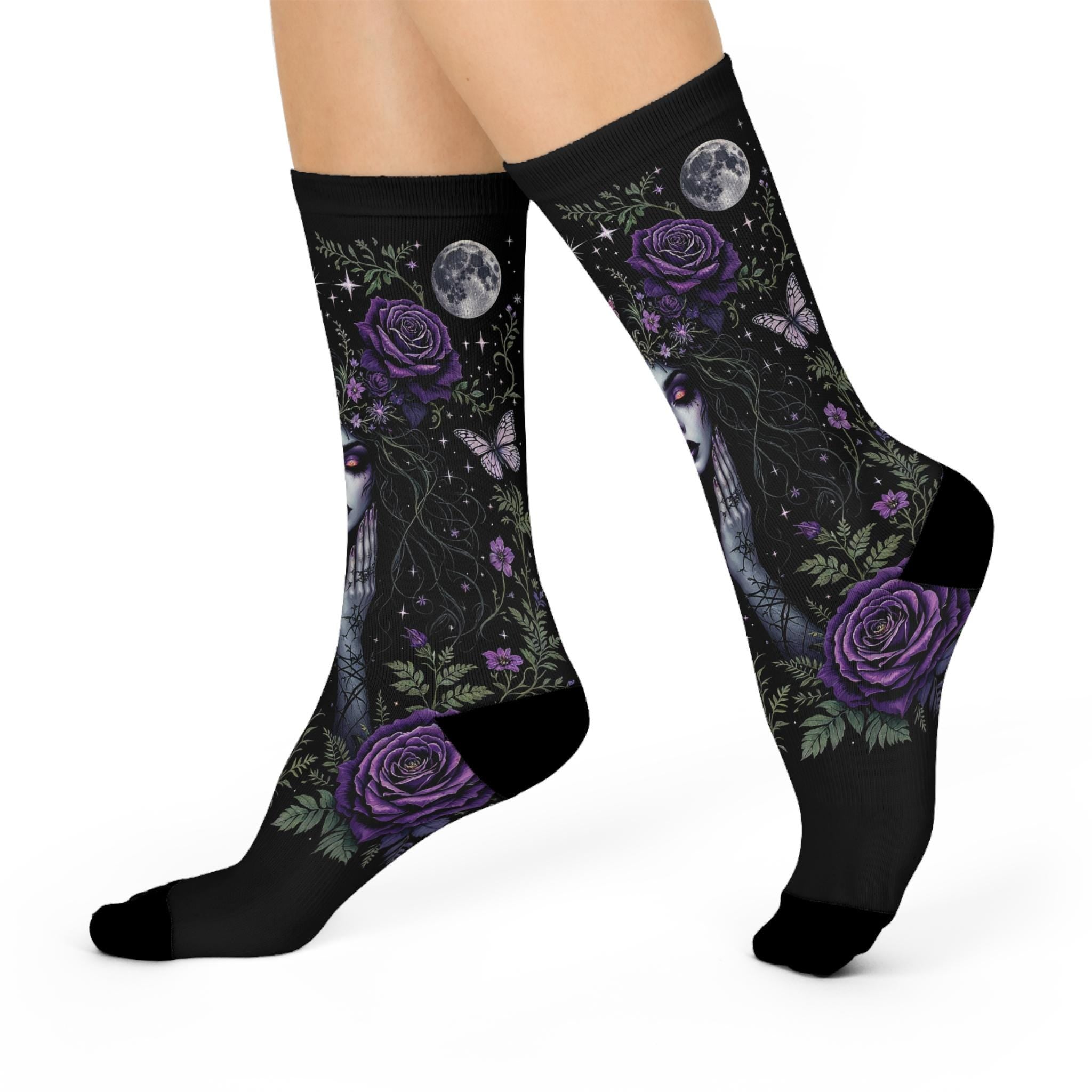 Purple Rose Gothic Goddess Socks, Cottagecore Witchy Socks, Emo Punk Fashion, Mens Womens Adults Unisex Socks