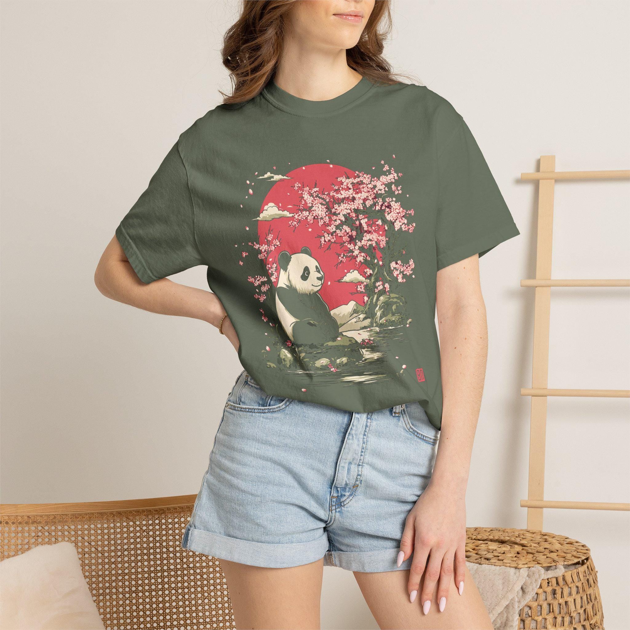 Panda Cherry Blossom T-shirt, Comfort Colors Wildflower Graphic Tee, Japanese Japandi Sakura Cottagecore Animal Womens Top