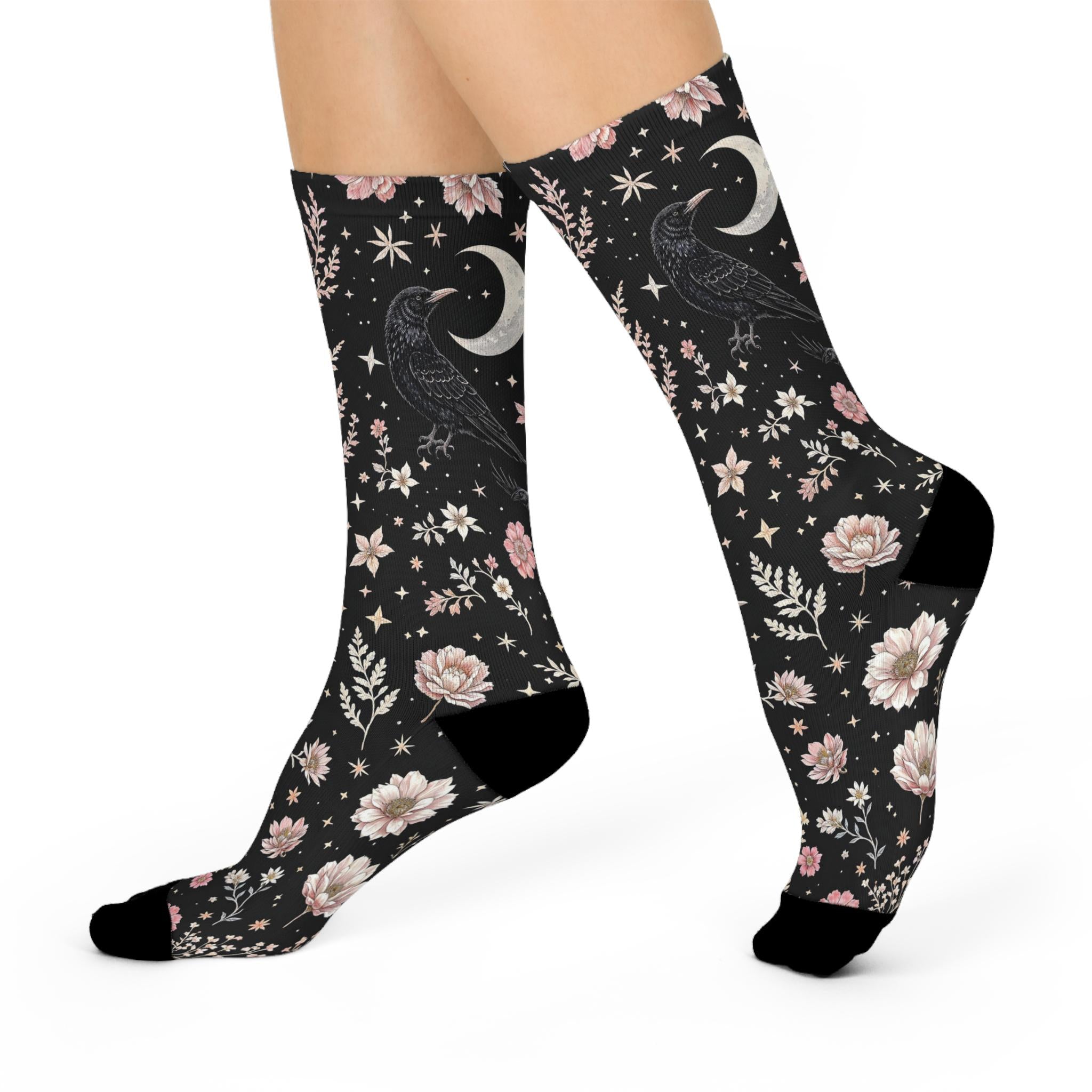 Black Raven Wildflower Socks, Cottagecore Witchy Socks, Emo Punk Gothic Fashion, Mens Womens Adults Unisex Socks