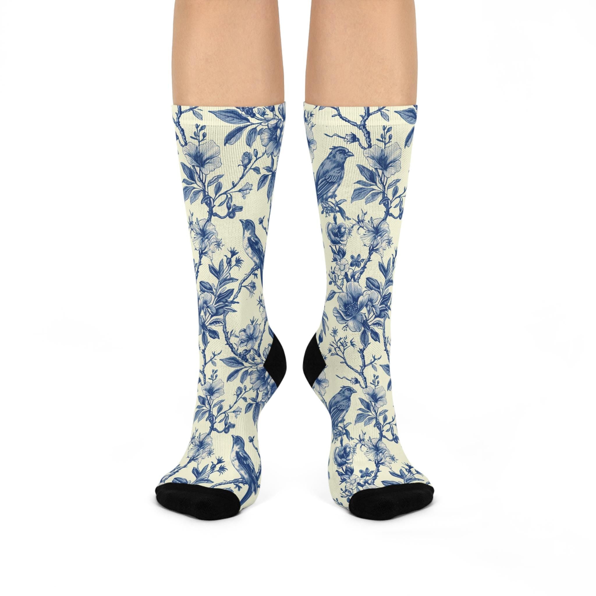 Blue Bird Floral Art Nouveau Socks, Wildflower Cottagecore Witchy Socks, Emo Gothic Fashion, Indie Fantasy Hippie Womens Adults Unisex Socks