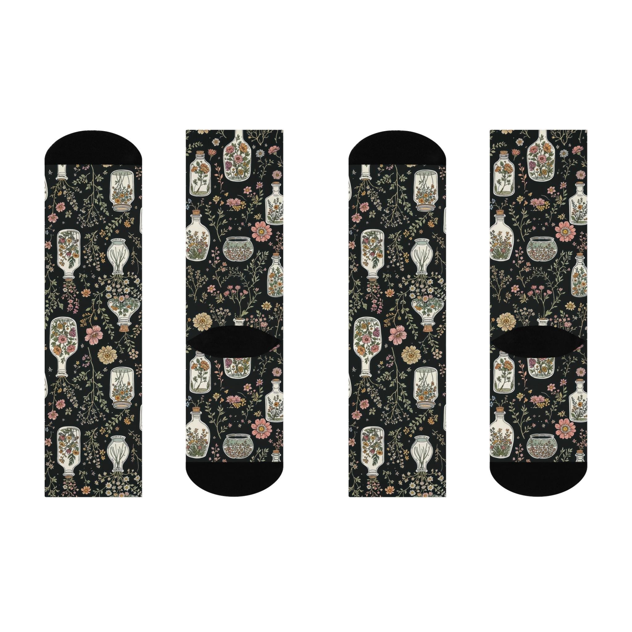 Herbology Glass Jar Flowers Socks, Mosaic Wildflower Cottagecore Witchy Socks, Gothic Fashion, Indie Fantasy Womens Adults Unisex Socks