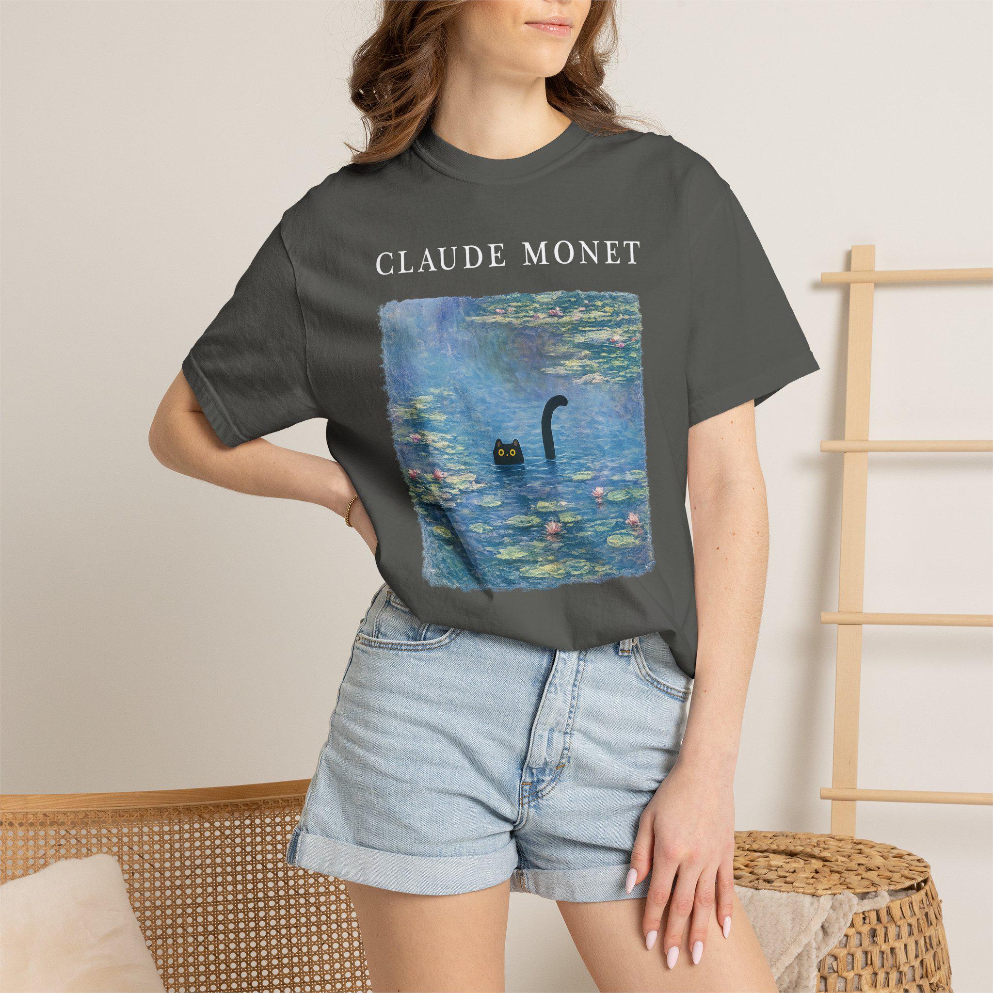 Claude Monet Inspired Black Cat T-shirt, Comfort Colors Bohemian Vintage Art Graphic Tee, Botanical Waterlily Animal Womens Top