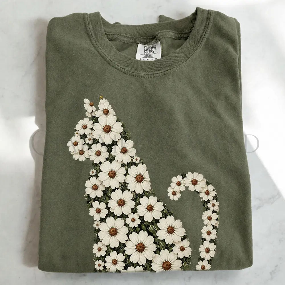 Daisy Cat Floral Graphic T-Shirt - Moss / S - T-Shirt