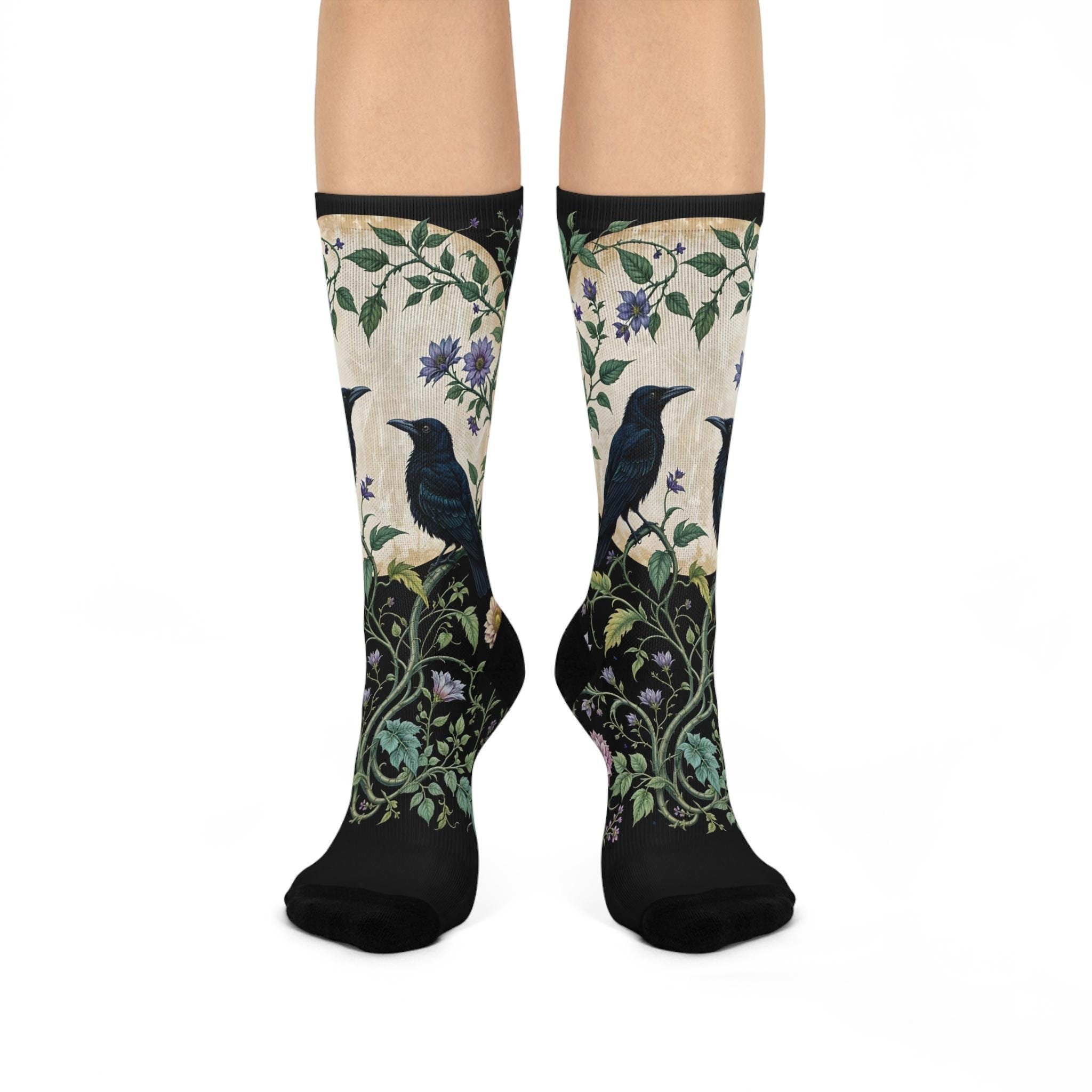 Full Moon Crow Socks, Green Wildflower Cottagecore Witchy Socks, Black Gothic Fashion, Indie Fantasy Hippie Womens Adults Unisex Socks