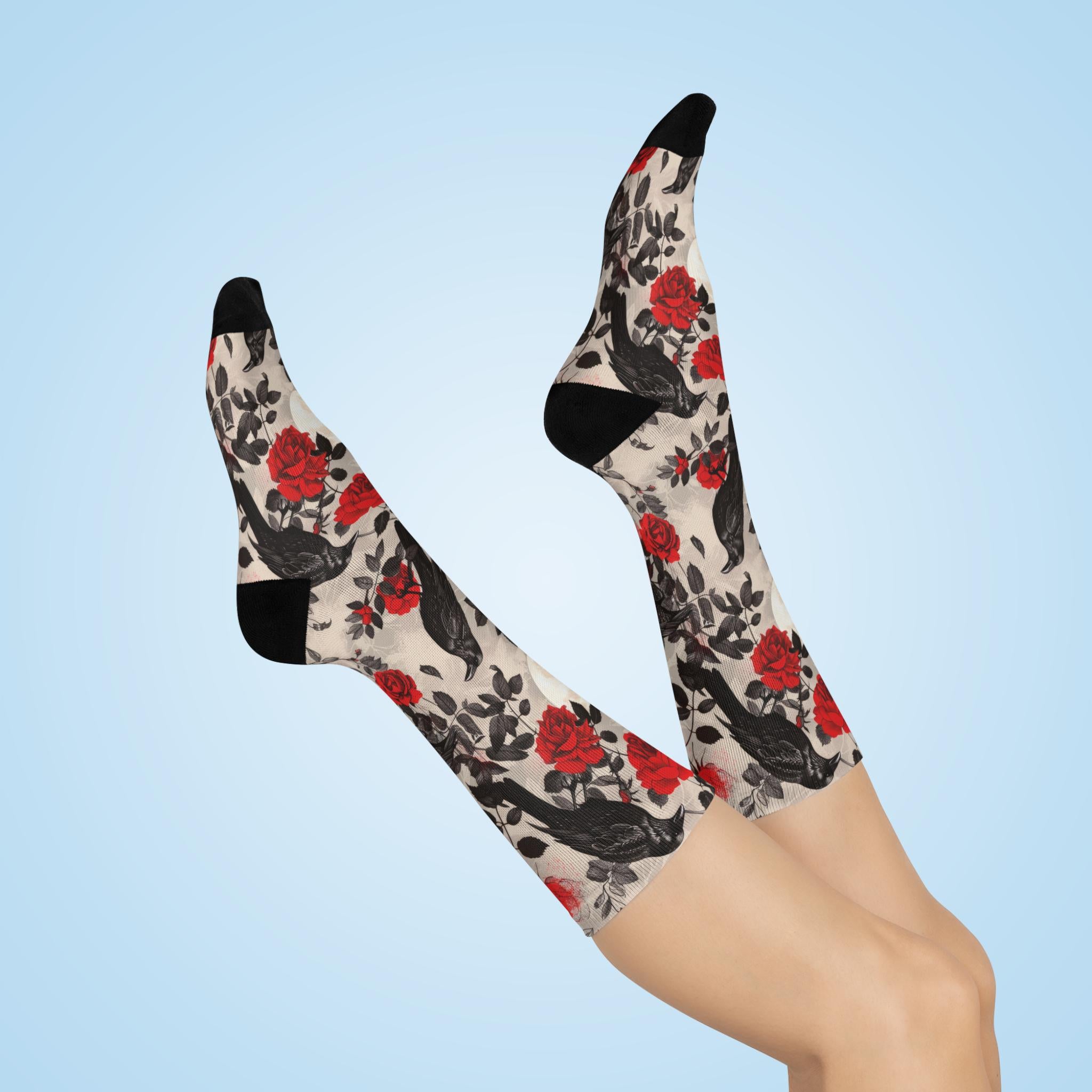 Black Crow Rose Socks, Moon Wildflower Cottagecore Witchy Socks, Gothic Fashion, Fantasy Hippie Womens Adults Unisex Socks