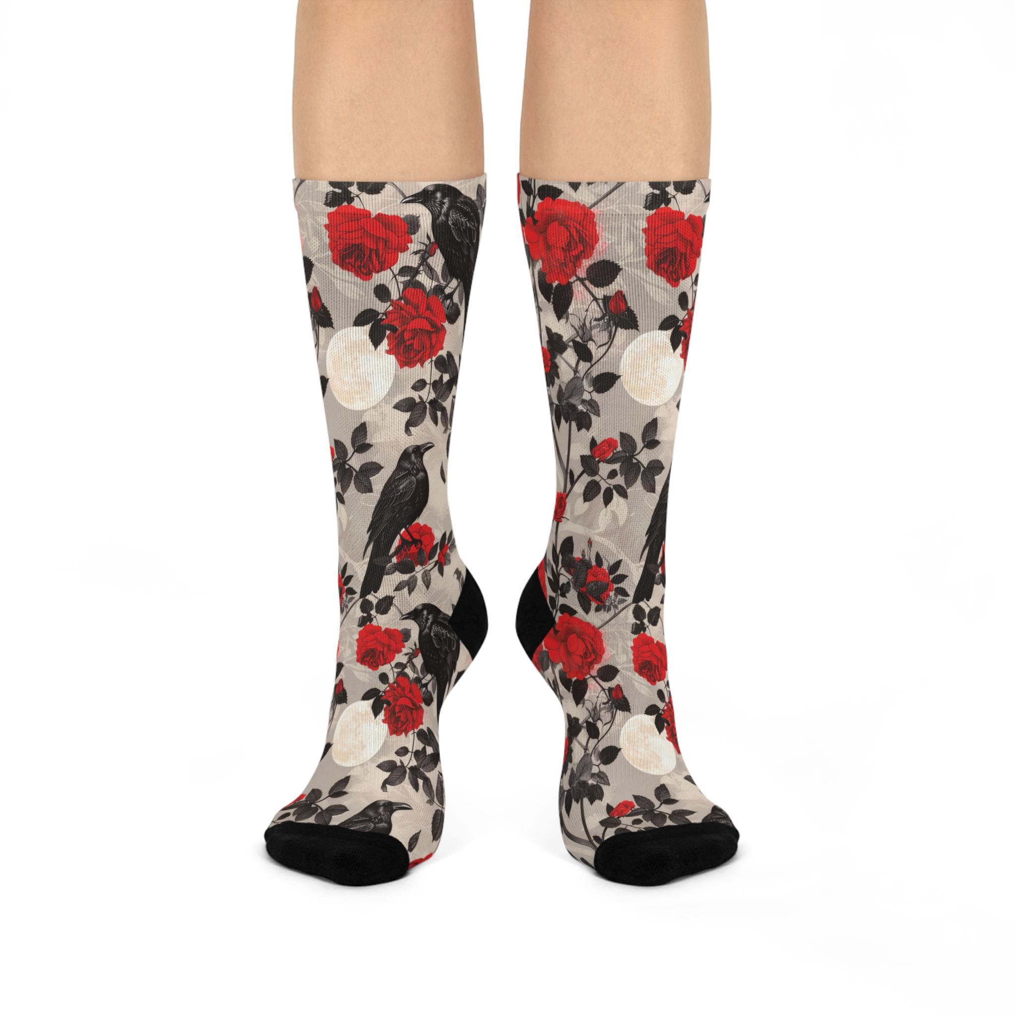 Black Crow Rose Socks, Moon Wildflower Cottagecore Witchy Socks, Gothic Fashion, Fantasy Hippie Womens Adults Unisex Socks