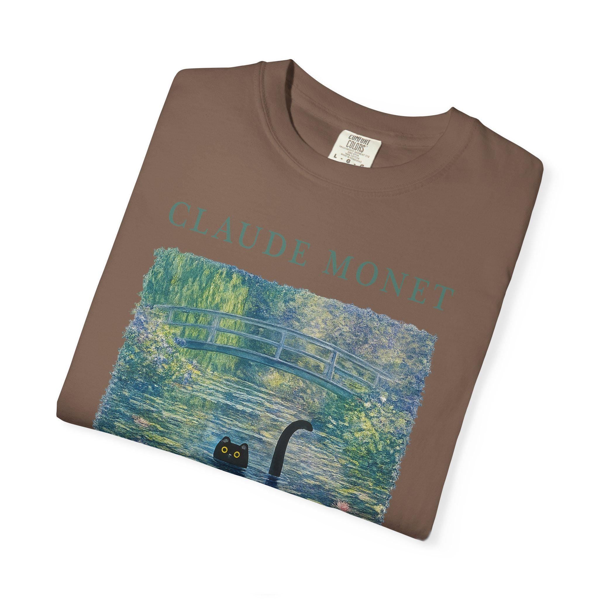 Claude Monet Inspired Black Cat T-shirt, Comfort Colors Bohemian Vintage Art Graphic Tee, Botanical Waterlily Animal Womens Top