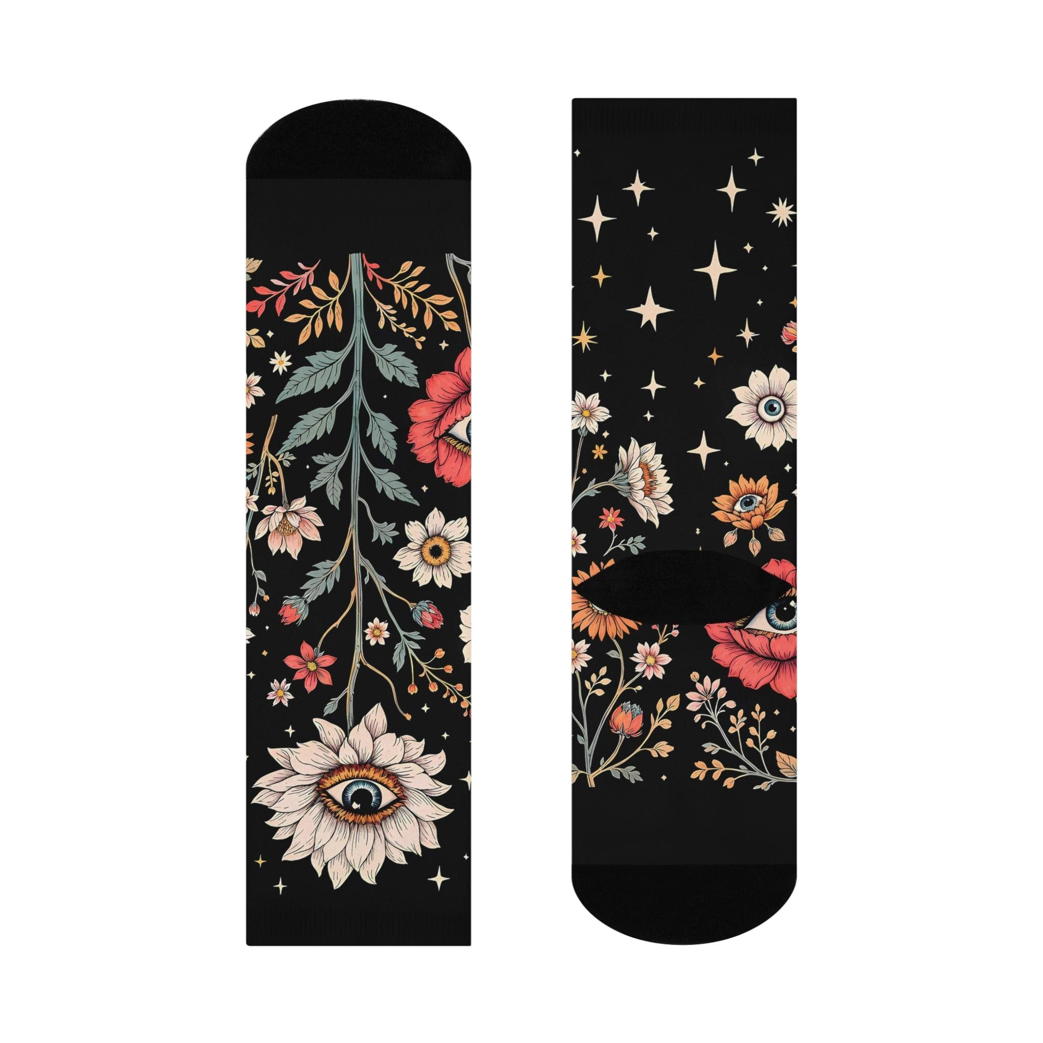 Eye Wildflower Mystic Socks, Moon Wildflower Cottagecore Witchy Socks, Gothic Fashion, Fantasy Hippie Womens Adults Unisex Socks