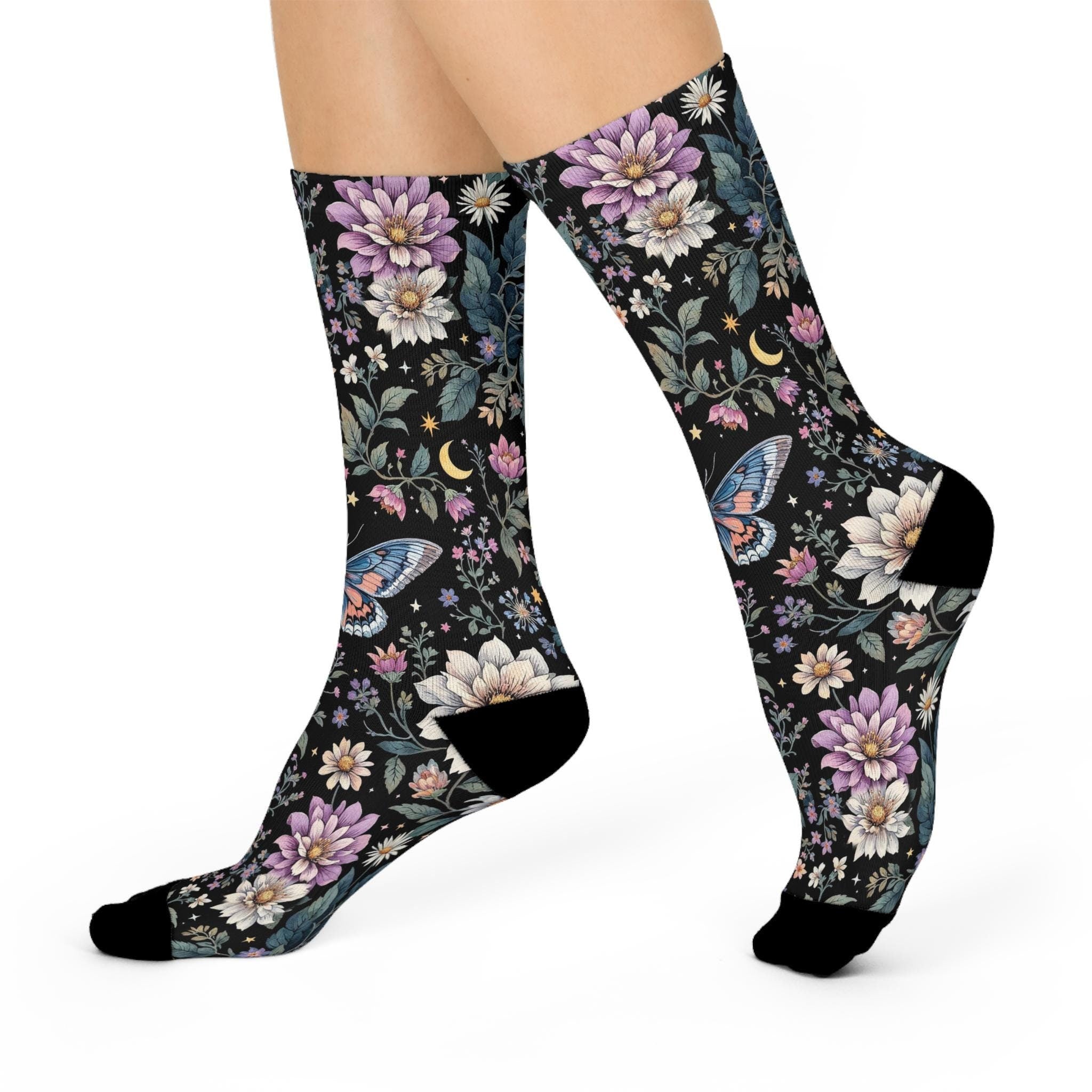 Mystic Floral Butterfly Socks, Cottagecore Witchy Socks, Emo Punk Gothic Fashion, Wildflower Hippie Womens Adults Unisex Socks