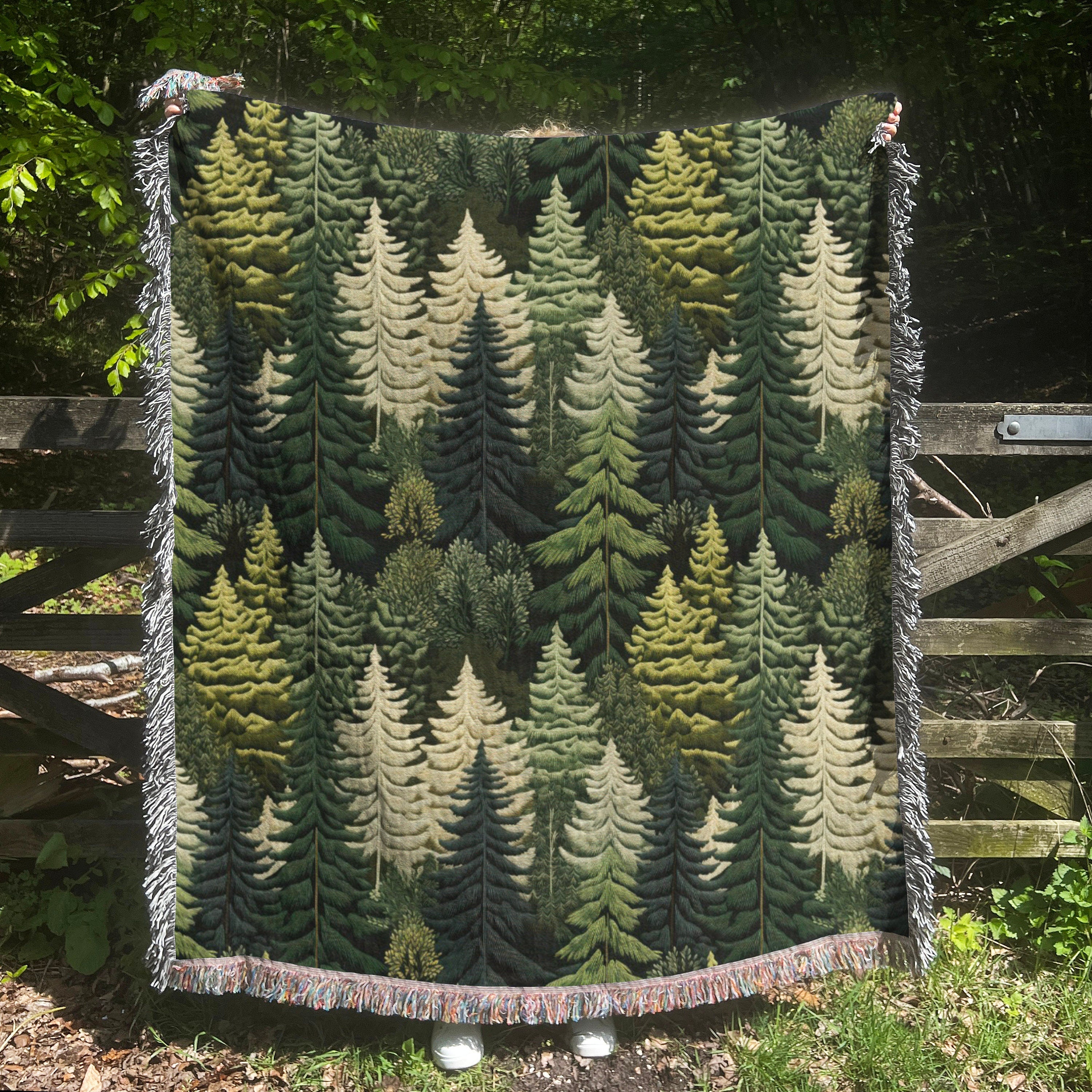 Green Tree Forest Throw Blanket, Witchy Fringe Picnic Blanket, Nature Cottagecore Ultra Soft Flannel Throw, Hippie Bedroom Lounge Home Decor