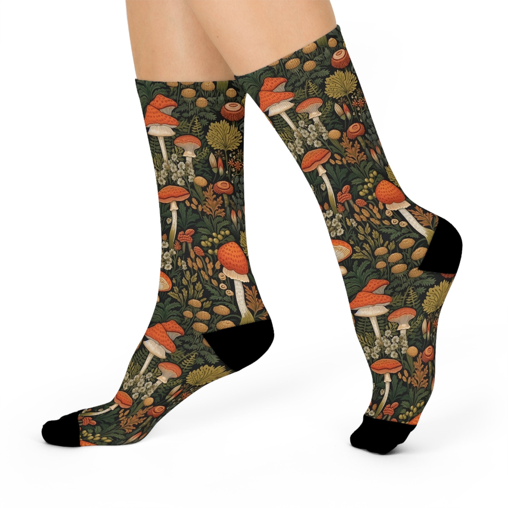 Green Mushroom Wildflower Socks, Cottagecore Witchy Socks, Wildflower Boho Gift, Floral Womens Adults Unisex Socks