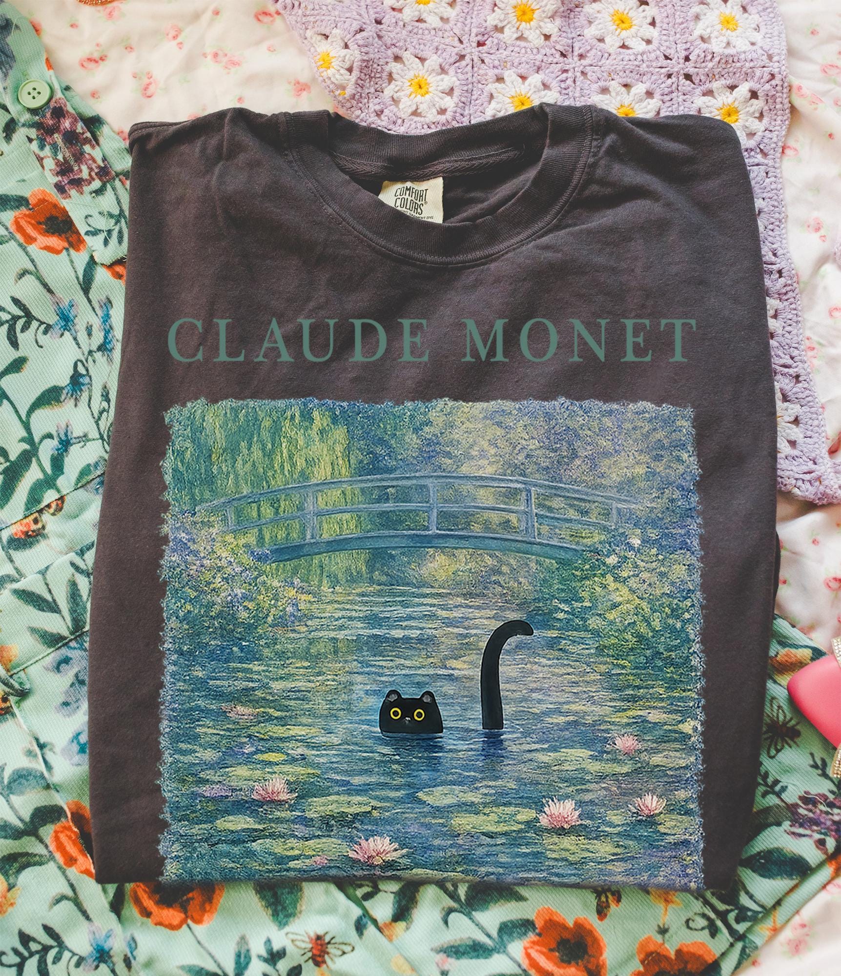 Claude Monet Inspired Black Cat T-shirt, Comfort Colors Bohemian Vintage Art Graphic Tee, Botanical Waterlily Animal Womens Top