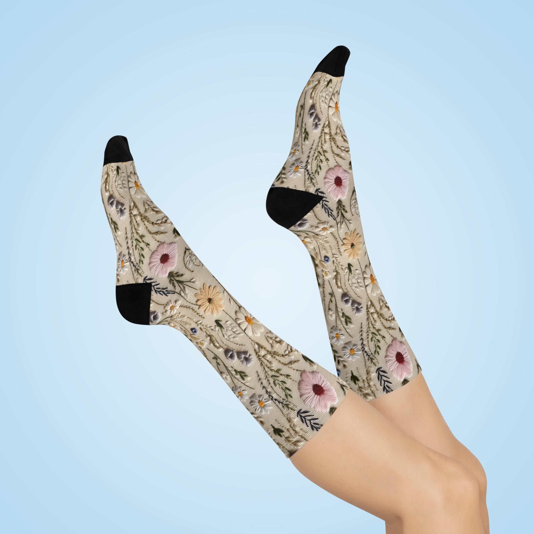 Faux Embroidery Look Floral Socks, Wildflower Cottagecore Witchy Socks, Emo Punk Gothic Fashion, Hippie Womens Adults Unisex Socks