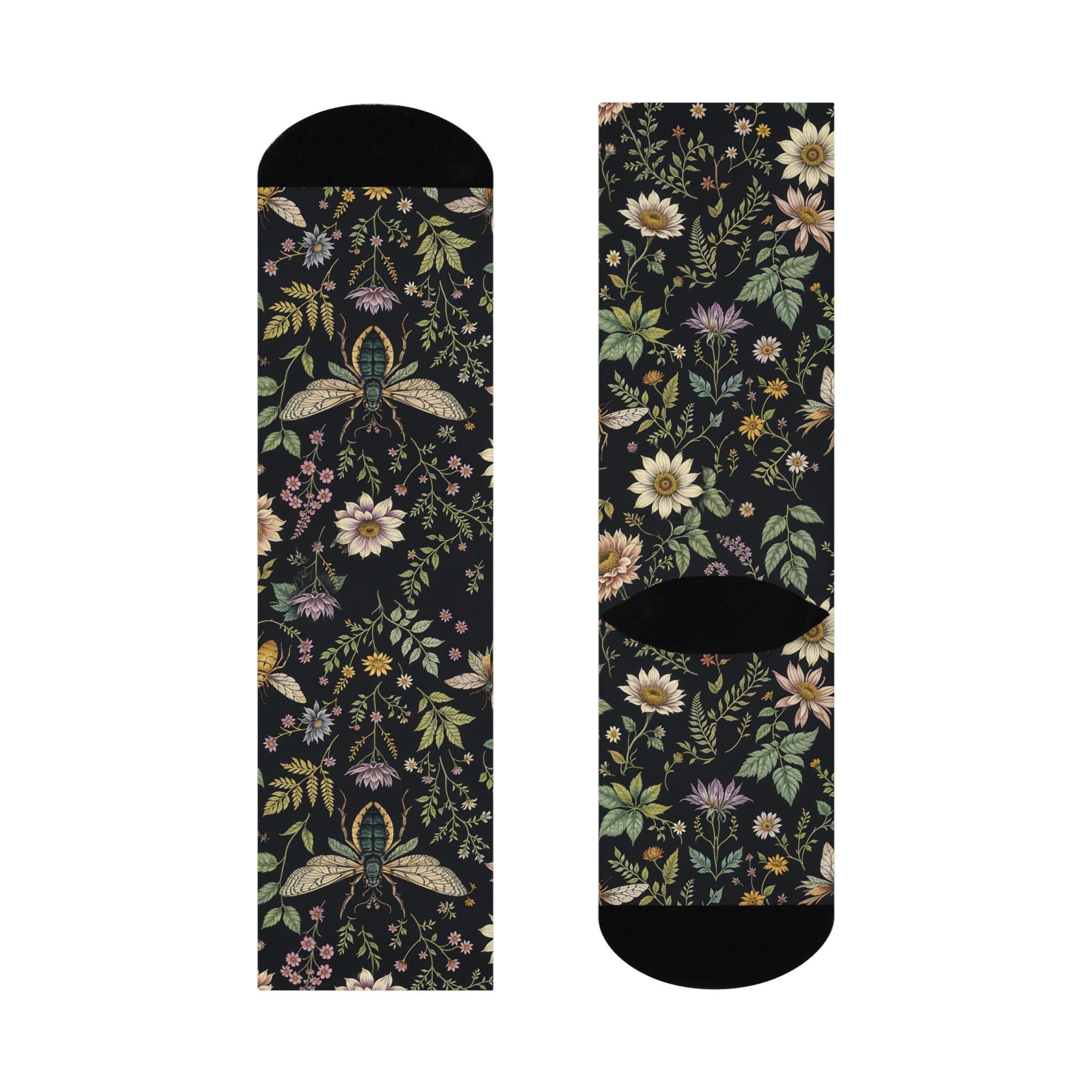 Green Wildflower Socks, Cottagecore Witchy Socks, Emo Punk Gothic Fashion, Leafy Moth Hippie Womens Adults Unisex Socks